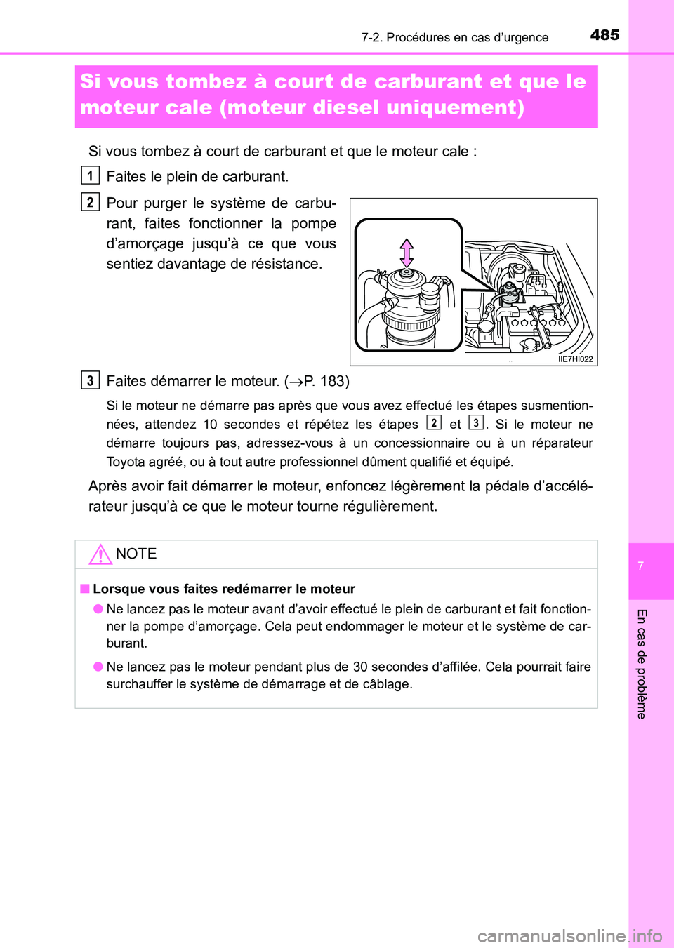 TOYOTA HILUX 2015  Notices Demploi (in French) 485
7
7-2. Procédures en cas d’urgence
En cas de problème
HILUX_OM_OM71213K_(EK)
Si vous tombez à cour t de carburant et que le 
moteur cale (moteur diesel uniquement)
Si vous tombez à court de 