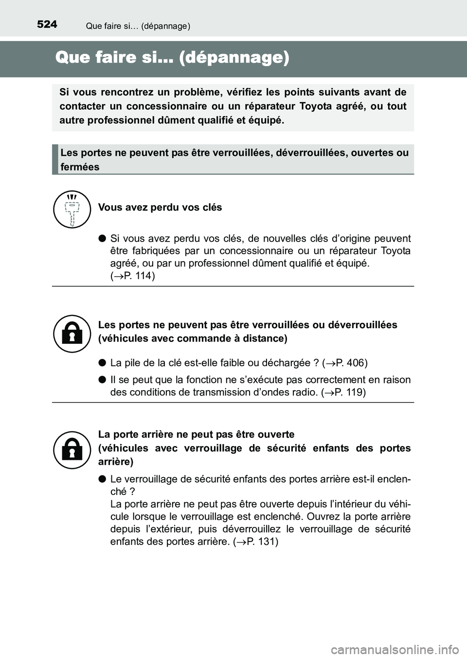 TOYOTA HILUX 2015 Notices Demploi (in French) 524Que faire si… (dépannage)
HILUX_OM_OM71213K_(EK)
Que faire si… (dépannage)
●Si vous avez perdu vos clés, de nouvelles clés d’origine peuvent
être fabriquées par un concessionnaire ou TOYOTA HILUX 2015 Notices Demploi (in French) 524Que faire si… (dépannage)
HILUX_OM_OM71213K_(EK)
Que faire si… (dépannage)
●Si vous avez perdu vos clés, de nouvelles clés d’origine peuvent
être fabriquées par un concessionnaire ou