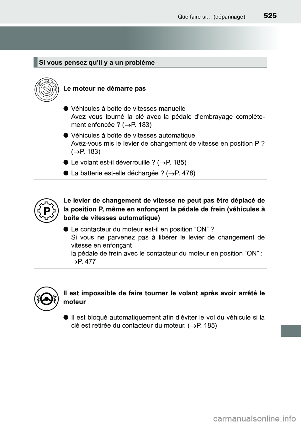 TOYOTA HILUX 2015 Notices Demploi (in French) 525Que faire si… (dépannage)
HILUX_OM_OM71213K_(EK)
●Véhicules à boîte de vitesses manuelle
Avez vous tourné la clé avec la pédale d’embrayage complète-
ment enfoncée ? ( →P. 183)
TOYOTA HILUX 2015 Notices Demploi (in French) 525Que faire si… (dépannage)
HILUX_OM_OM71213K_(EK)
●Véhicules à boîte de vitesses manuelle
Avez vous tourné la clé avec la pédale d’embrayage complète-
ment enfoncée ? ( →P. 183)