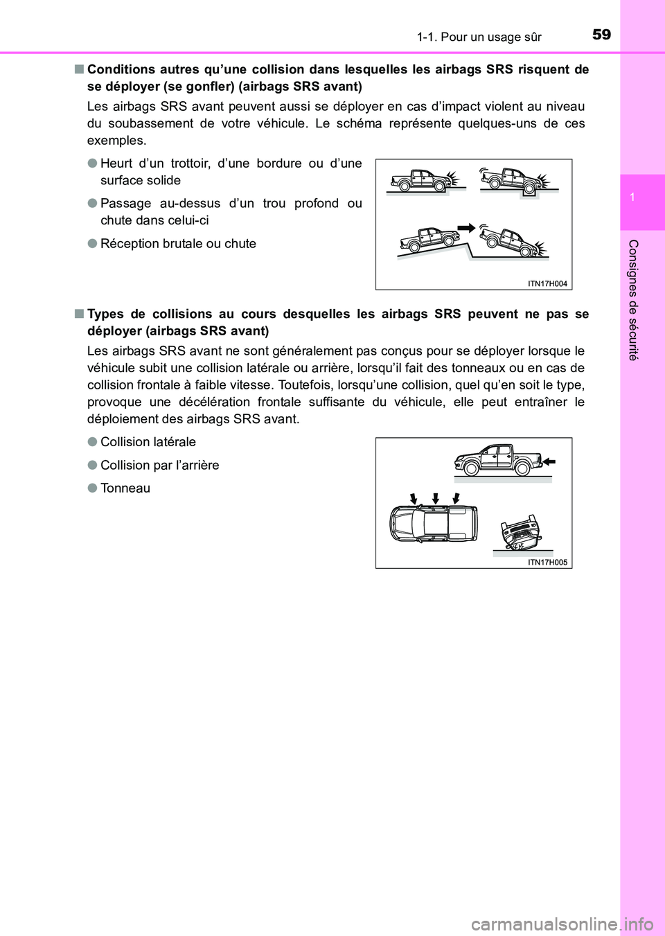 TOYOTA HILUX 2015  Notices Demploi (in French) 591-1. Pour un usage sûr
1
HILUX_OM_OM71213K_(EK)
Consignes de sécurité
■Conditions autres qu’une collision dans lesquelles les airbags SRS risquent de
se déployer (se gonfler) (airbags SRS av
