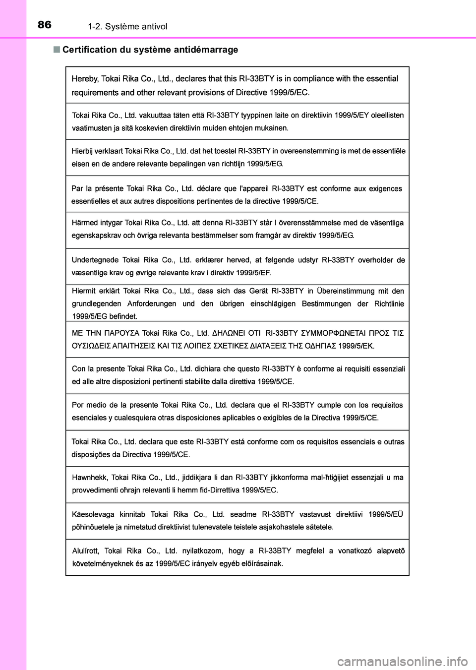 TOYOTA HILUX 2015  Notices Demploi (in French) 861-2. Système antivol
HILUX_OM_OM71213K_(EK)■
Certification du système antidémarrage
HILUX_OM_OM71213K_(EK).book  Page 86  Friday, May 9, 2014  5:43  PM 