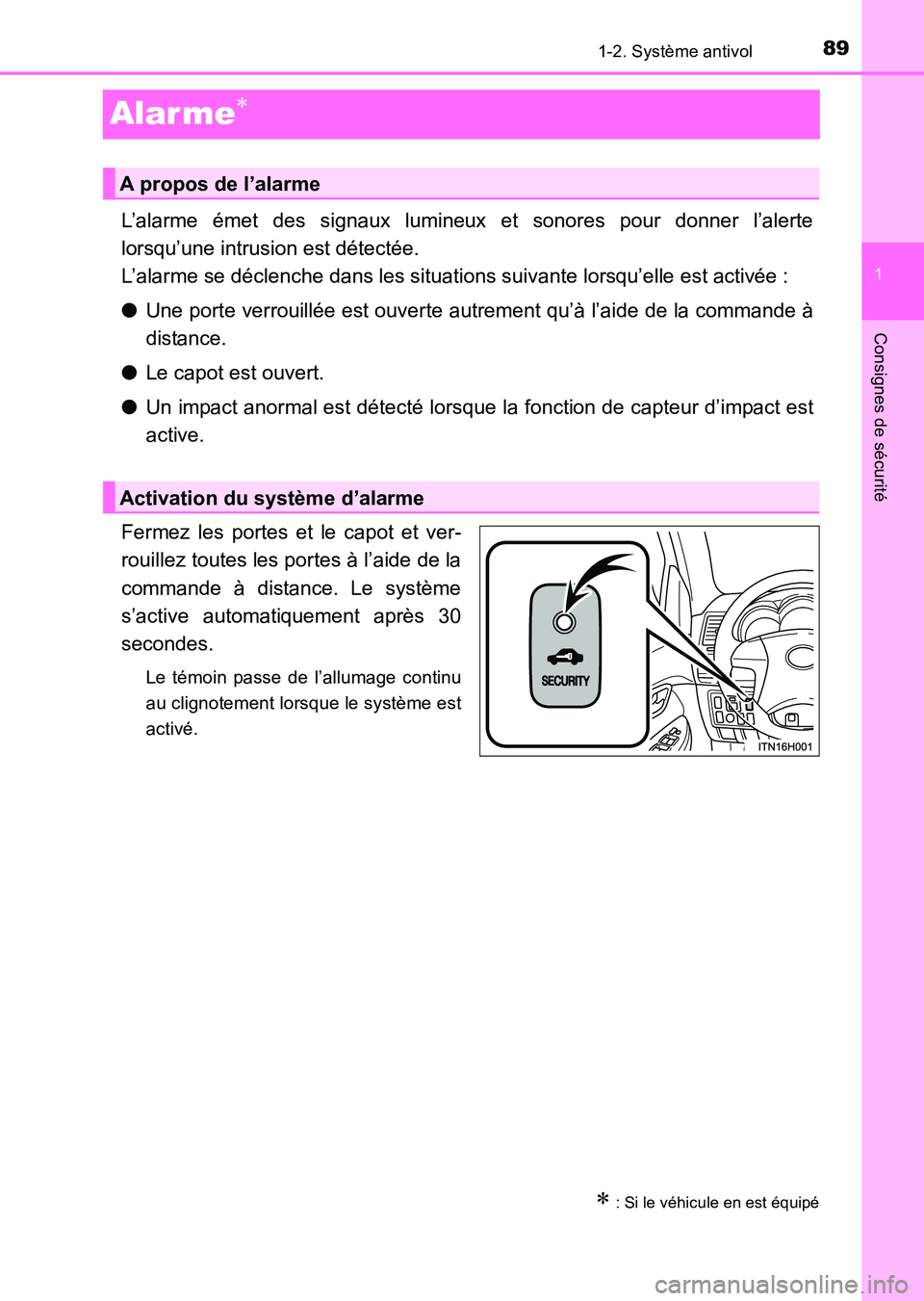 TOYOTA HILUX 2015  Notices Demploi (in French) 89
1
1-2. Système antivol
HILUX_OM_OM71213K_(EK)
Consignes de sécurité
Alar me∗
L’alarme émet des signaux lumineux et sonores pour donner l’alerte
lorsqu’une intrusion est détectée. 
L