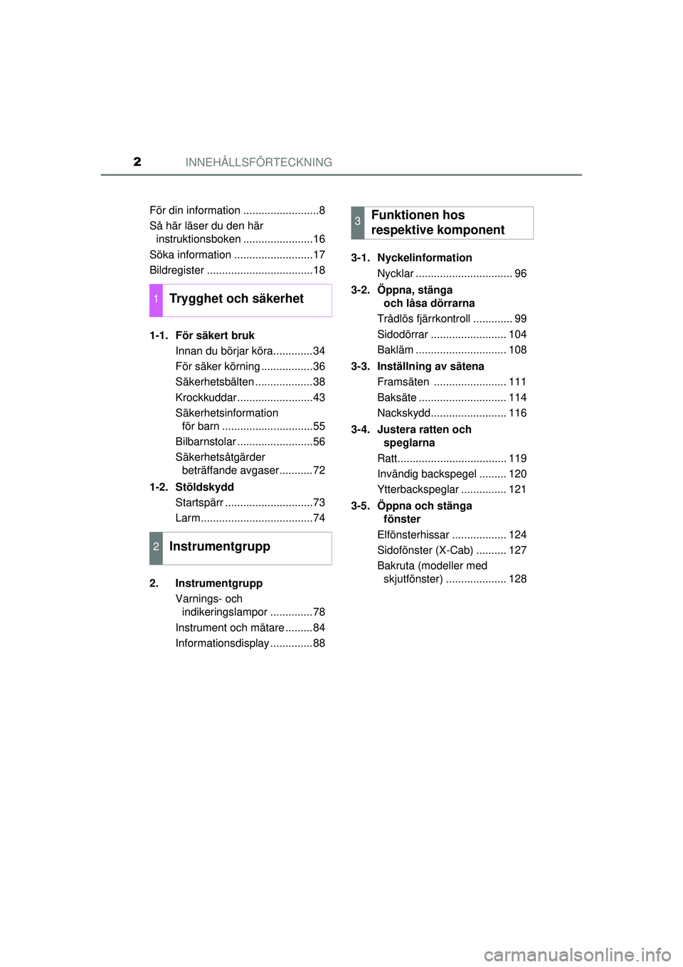 TOYOTA HILUX 2015 Bruksanvisningar (in Swedish) INNEHÅLLSFÖRTECKNING2
OM0K219SEFör din information .........................8
Så här läser du den här
instruktionsboken .......................16
Söka information ..........................17 TOYOTA HILUX 2015 Bruksanvisningar (in Swedish) INNEHÅLLSFÖRTECKNING2
OM0K219SEFör din information .........................8
Så här läser du den här
instruktionsboken .......................16
Söka information ..........................17