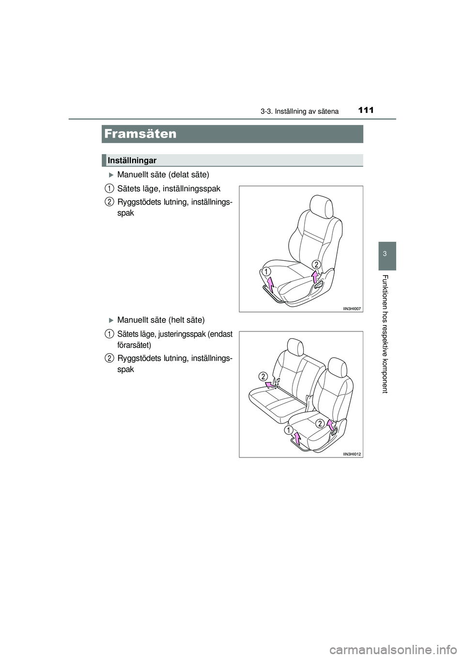 TOYOTA HILUX 2015  Bruksanvisningar (in Swedish) 111
3
3-3. Inställning av sätena
Funktionen hos respektive komponent
OM0K219SE
Fr amsäten
�XManuellt säte (delat säte)
Sätets läge, inställningsspak
Ryggstödets lutning, inställnings-
spak
�