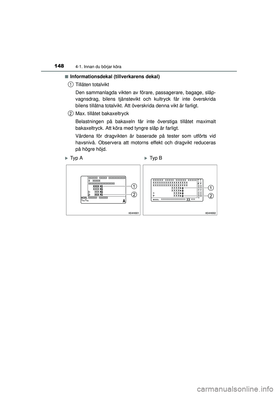 TOYOTA HILUX 2015 Bruksanvisningar (in Swedish) 1484-1. Innan du börjar köra
OM0K219SE■
Informationsdekal (tillverkarens dekal)
Tillåten totalvikt
Den sammanlagda vikten av förare, passagerare, bagage, släp-
vagnsdrag, bilens tjänstevikt oc TOYOTA HILUX 2015 Bruksanvisningar (in Swedish) 1484-1. Innan du börjar köra
OM0K219SE■
Informationsdekal (tillverkarens dekal)
Tillåten totalvikt
Den sammanlagda vikten av förare, passagerare, bagage, släp-
vagnsdrag, bilens tjänstevikt oc