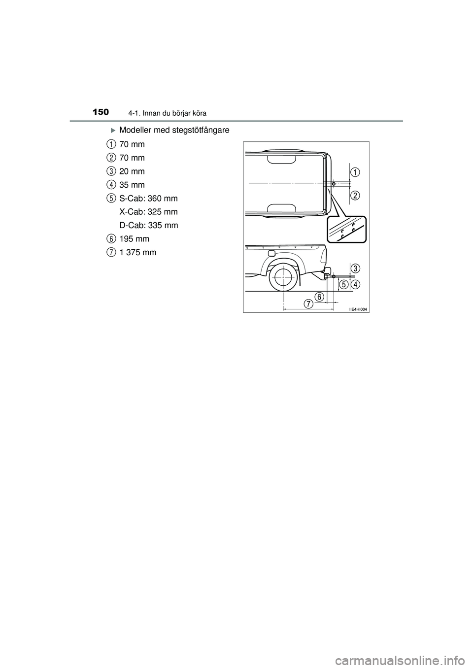 TOYOTA HILUX 2015  Bruksanvisningar (in Swedish) 1504-1. Innan du börjar köra
OM0K219SE
�XModeller med stegstötfångare
70 mm
70 mm
20 mm
35 mm
S-Cab: 360 mm
X-Cab: 325 mm
D-Cab: 335 mm
195 mm
1375 mm
1
2
3
4
5
6
7
OM0K219SE.book  Page 150  Wedne