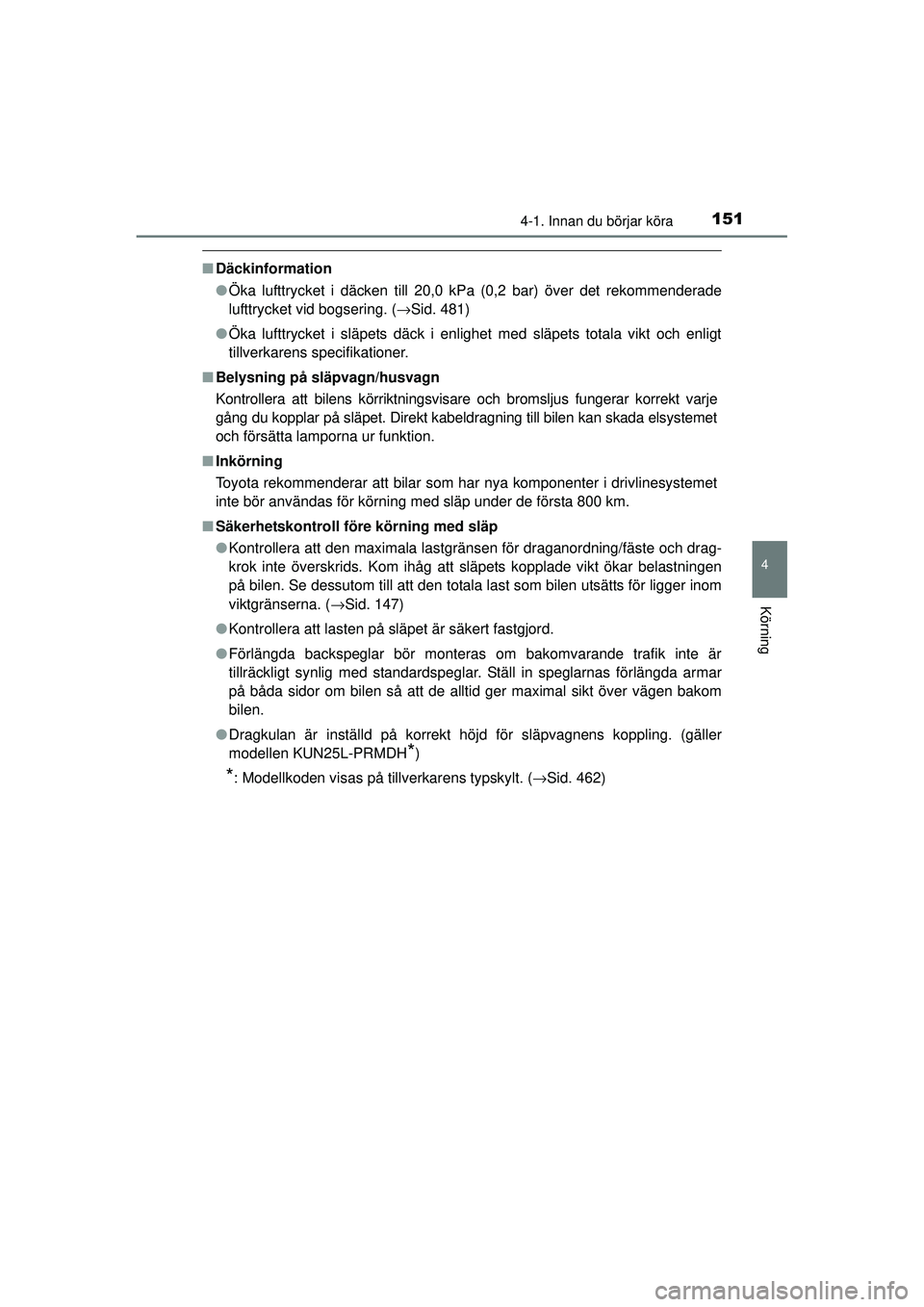 TOYOTA HILUX 2015 Bruksanvisningar (in Swedish) 1514-1. Innan du börjar köra
4
Körning
OM0K219SE
■Däckinformation
●Öka lufttrycket i däcken till 20,0 kPa (0,2 bar) över det rekommenderade
lufttrycket vid bogsering. (→Sid. 481)
● Öka TOYOTA HILUX 2015 Bruksanvisningar (in Swedish) 1514-1. Innan du börjar köra
4
Körning
OM0K219SE
■Däckinformation
●Öka lufttrycket i däcken till 20,0 kPa (0,2 bar) över det rekommenderade
lufttrycket vid bogsering. (→Sid. 481)
● Öka