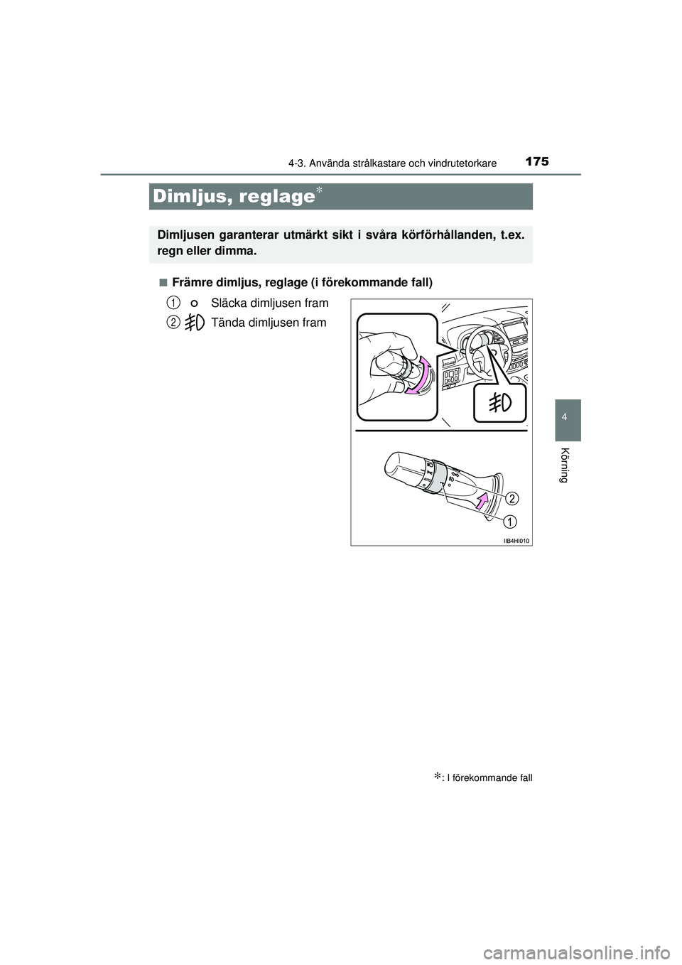 TOYOTA HILUX 2015  Bruksanvisningar (in Swedish) 175
4
4-3. Använda strålkastare och vindrutetorkare
Körning
OM0K219SE
Dimljus, reglage∗
■Främre dimljus, reglage (i förekommande fall)Släcka dimljusen fram
Tända dimljusen fram
∗: I före