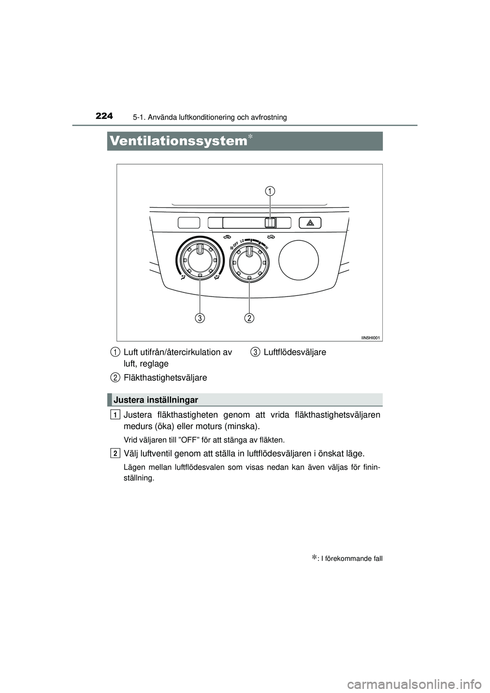 TOYOTA HILUX 2015  Bruksanvisningar (in Swedish) 2245-1. Använda luftkonditionering och avfrostning
OM0K219SE
Ventilationssystem∗
Justera fläkthastigheten genom att vrida fläkthastighetsväljaren
medurs (öka) eller moturs (minska).
Vrid välja