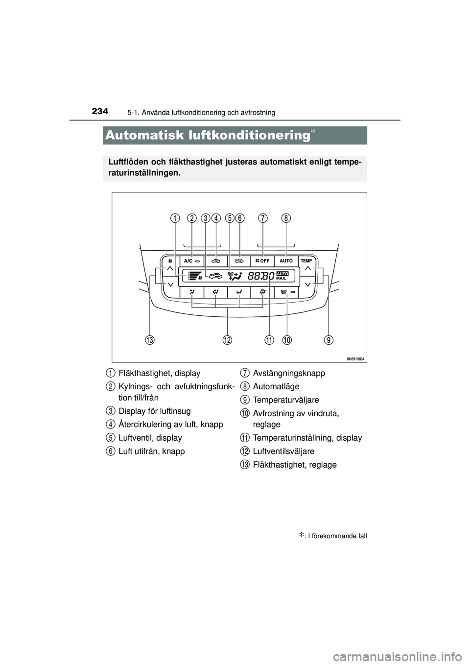 TOYOTA HILUX 2015 Bruksanvisningar (in Swedish) 2345-1. Använda luftkonditionering och avfrostning
OM0K219SE
Automatisk luftkonditionering∗
∗: I förekommande fall
Luftflöden och fläkthastighet justeras automatiskt enligt tempe-
raturinstäl TOYOTA HILUX 2015 Bruksanvisningar (in Swedish) 2345-1. Använda luftkonditionering och avfrostning
OM0K219SE
Automatisk luftkonditionering∗
∗: I förekommande fall
Luftflöden och fläkthastighet justeras automatiskt enligt tempe-
raturinstäl