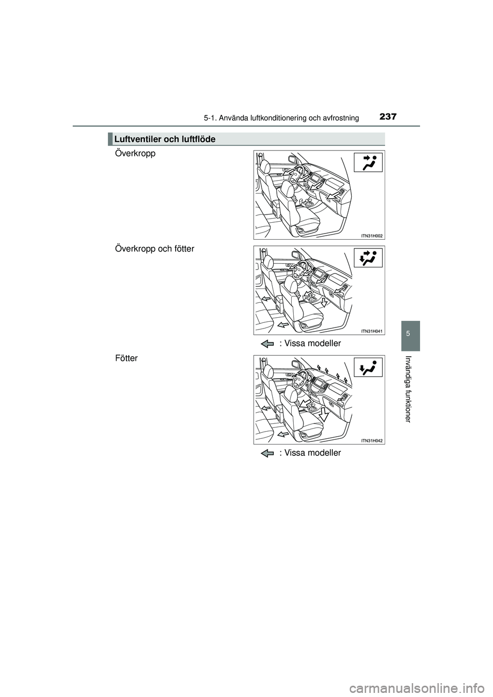 TOYOTA HILUX 2015 Bruksanvisningar (in Swedish) 2375-1. Använda luftkonditionering och avfrostning
5
Invändiga funktioner
OM0K219SE
Överkropp
Överkropp och fötter: Vissa modeller
Fötter
: Vissa modeller
Luftventiler och luftflöde
OM0K219SE.b TOYOTA HILUX 2015 Bruksanvisningar (in Swedish) 2375-1. Använda luftkonditionering och avfrostning
5
Invändiga funktioner
OM0K219SE
Överkropp
Överkropp och fötter: Vissa modeller
Fötter
: Vissa modeller
Luftventiler och luftflöde
OM0K219SE.b