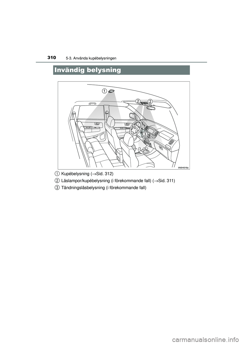 TOYOTA HILUX 2015  Bruksanvisningar (in Swedish) 3105-3. Använda kupébelysningen
OM0K219SE
Invändig belysning
Kupébelysning (→Sid. 312)
Läslampor/kupébelysning (i förekommande fall) ( →Sid. 311)
Tändningslåsbelysning (i förekommande fa