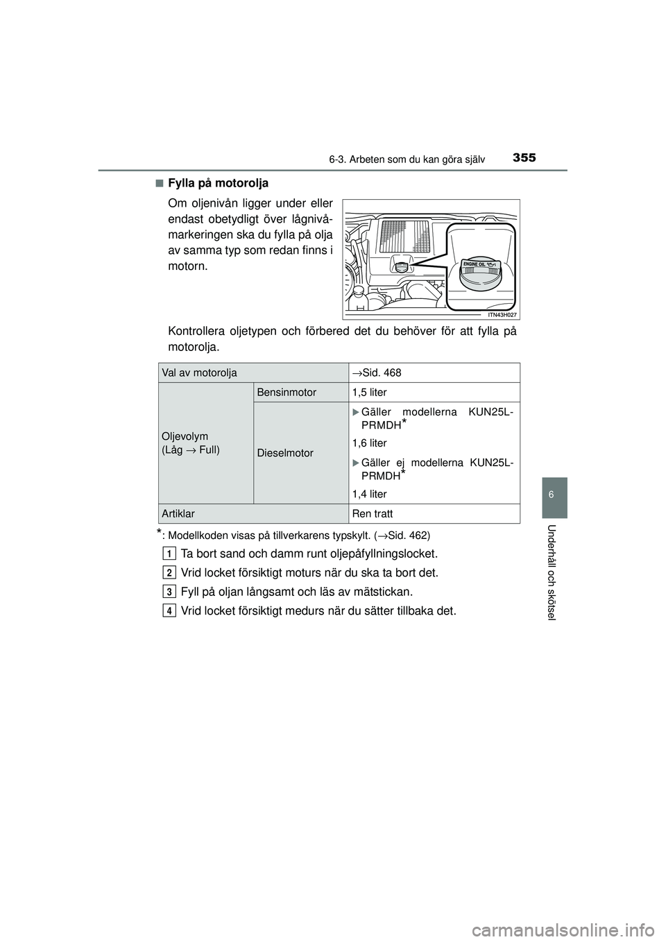 TOYOTA HILUX 2015  Bruksanvisningar (in Swedish) 3556-3. Arbeten som du kan göra själv
6
Underhåll och skötsel
OM0K219SE■
Fylla på motorolja
Om oljenivån ligger under eller
endast obetydligt över lågnivå-
markeringen ska du fylla på olja