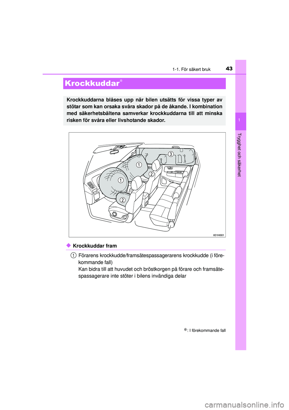 TOYOTA HILUX 2015 Bruksanvisningar (in Swedish) 431-1. För säkert bruk
1
Trygghet och säkerhet
OM0K219SE
Krockkuddar∗
◆Krockkuddar framFörarens krockkudde/framsätespassagerarens kro ckkudde (i före-
kommande fall)
Kan bidra till att huvud TOYOTA HILUX 2015 Bruksanvisningar (in Swedish) 431-1. För säkert bruk
1
Trygghet och säkerhet
OM0K219SE
Krockkuddar∗
◆Krockkuddar framFörarens krockkudde/framsätespassagerarens kro ckkudde (i före-
kommande fall)
Kan bidra till att huvud