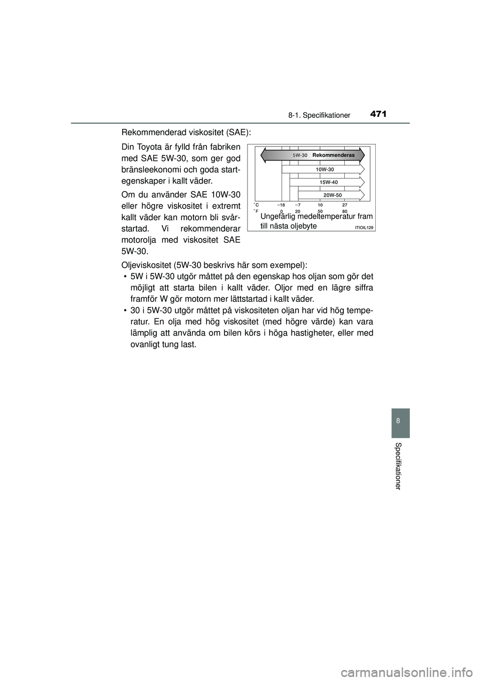 TOYOTA HILUX 2015  Bruksanvisningar (in Swedish) 471
8
8-1. Specifikationer
Specifikationer
OM0K219SE
Rekommenderad viskositet (SAE):
Din Toyota är fylld från fabriken
med SAE 5W-30, som ger god
bränsleekonomi och goda start-
egenskaper i kallt v