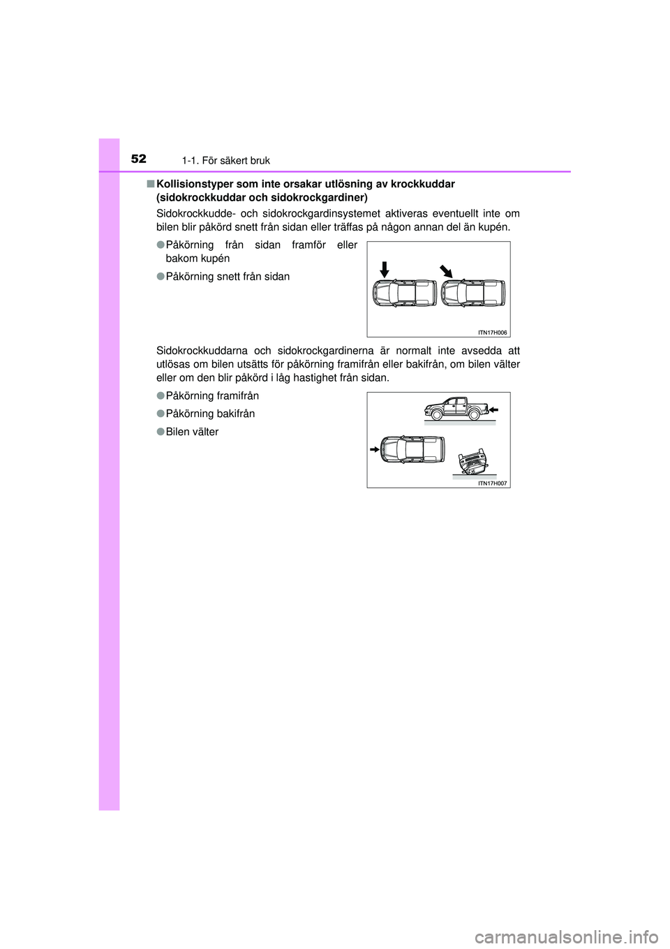 TOYOTA HILUX 2015  Bruksanvisningar (in Swedish) 521-1. För säkert bruk
OM0K219SE■
Kollisionstyper som inte orsakar utlösning av krockkuddar 
(sidokrockkuddar och sidokrockgardiner)
Sidokrockkudde- och sidokrockgardinsystemet aktiveras eventuel