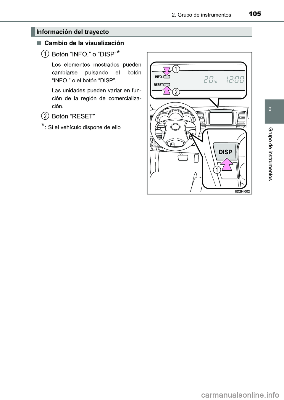 TOYOTA HILUX 2015  Manuale de Empleo (in Spanish) 1052. Grupo de instrumentos
2
Grupo de instrumentos
HILUX_OM_OM71215S_(ES)■
Cambio de la visualización
Botón “INFO.” o “DISP”
*
Los elementos mostrados pueden
cambiarse pulsando el botón
