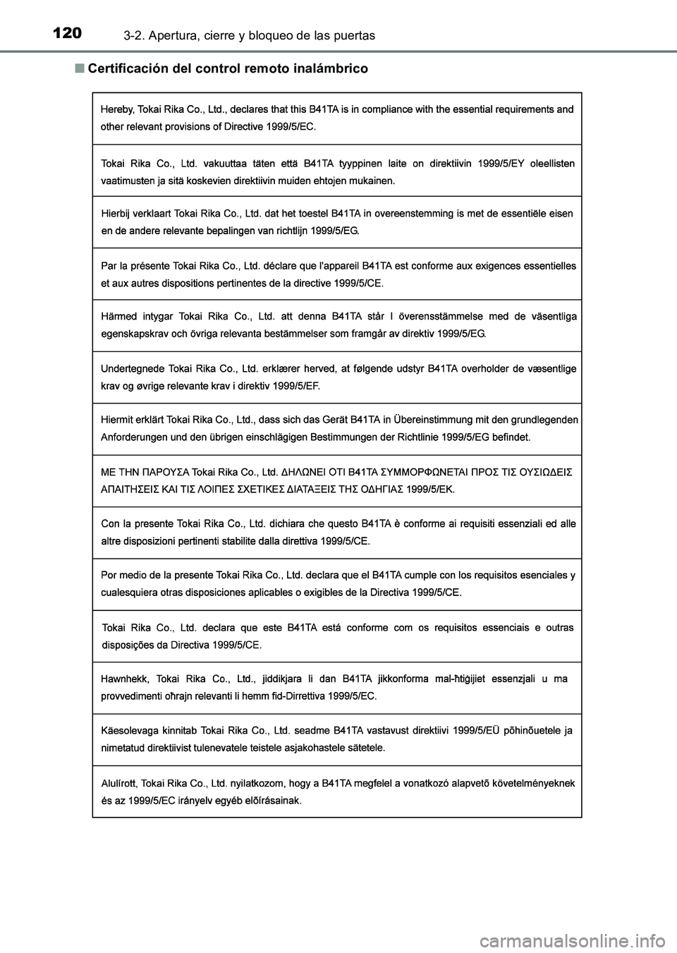 TOYOTA HILUX 2015  Manuale de Empleo (in Spanish) 1203-2. Apertura, cierre y bloqueo de las puertas
HILUX_OM_OM71215S_(ES)■
Certificación del control remoto inalámbrico
HILUX_OM_OM71215S_(ES).book  Page 120  Friday, May 9, 2014  8:3 7 PM 