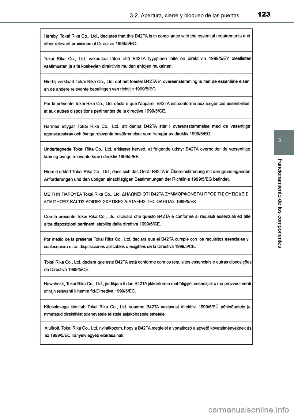 TOYOTA HILUX 2015  Manuale de Empleo (in Spanish) 1233-2. Apertura, cierre y bloqueo de las puertas
3
Funcionamiento de los componentes
HILUX_OM_OM71215S_(ES)
HILUX_OM_OM71215S_(ES).book  Page 123  Friday, May 9, 2014  8:37 PM 