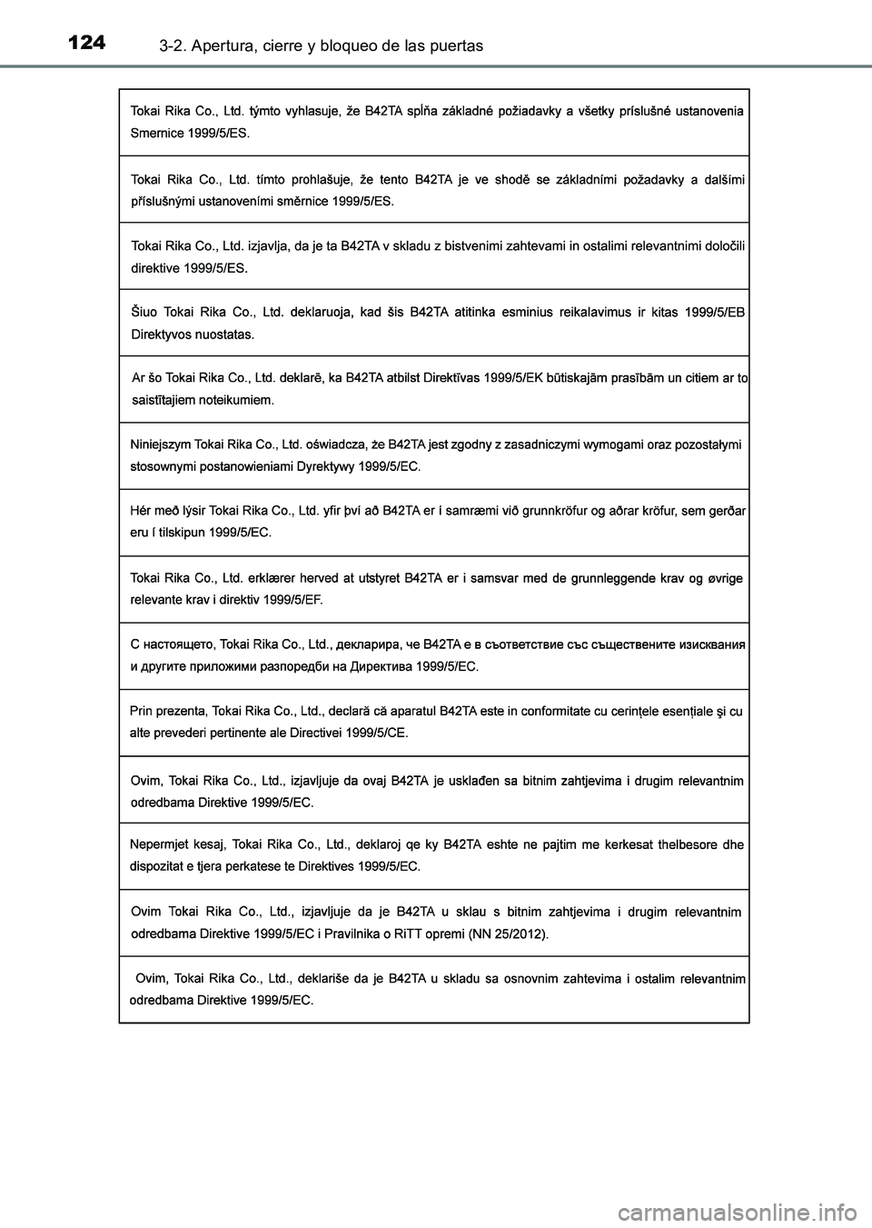 TOYOTA HILUX 2015  Manuale de Empleo (in Spanish) 1243-2. Apertura, cierre y bloqueo de las puertas
HILUX_OM_OM71215S_(ES)
HILUX_OM_OM71215S_(ES).book  Page 124  Friday, May 9, 2014  8:37 PM 