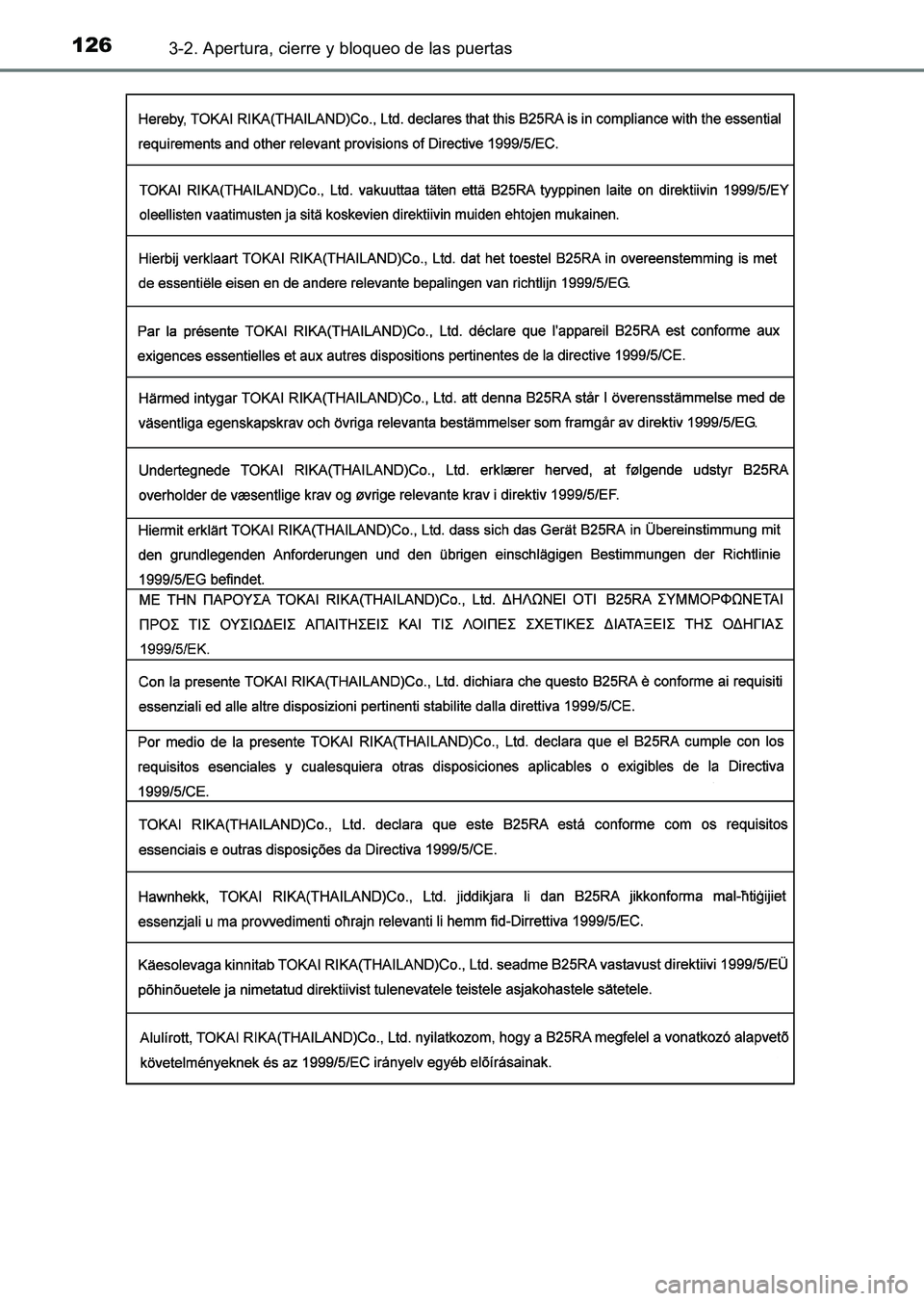 TOYOTA HILUX 2015  Manuale de Empleo (in Spanish) 1263-2. Apertura, cierre y bloqueo de las puertas
HILUX_OM_OM71215S_(ES)
HILUX_OM_OM71215S_(ES).book  Page 126  Friday, May 9, 2014  8:37 PM 