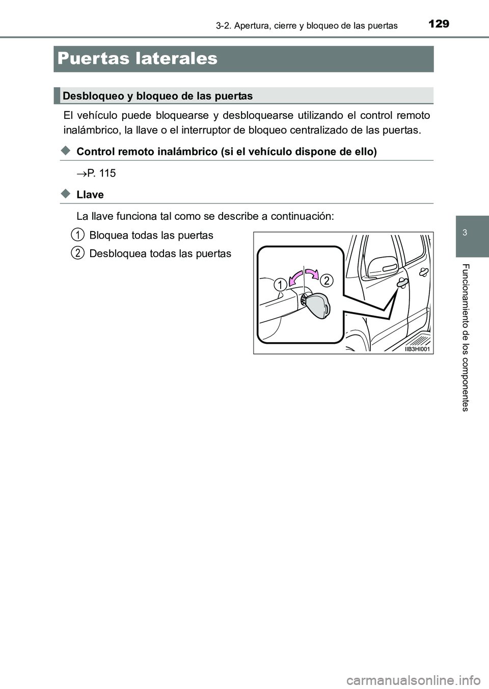 TOYOTA HILUX 2015  Manuale de Empleo (in Spanish) 129
3
3-2. Apertura, cierre y bloqueo de las puertas
Funcionamiento de los componentes
HILUX_OM_OM71215S_(ES)
Puertas laterales
El vehículo puede bloquearse y desbloquearse utilizando el control remo