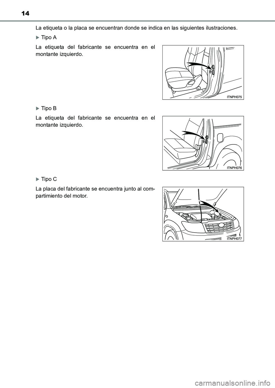 TOYOTA HILUX 2015  Manuale de Empleo (in Spanish) 14
HILUX_OM_OM71215S_(ES)La etiqueta o la placa se encuentran donde se indica en las siguientes ilustraciones.
�XTip o A
�XTip o B
�XTip o C
La etiqueta del fabricante se encuentra en el
montante izqu