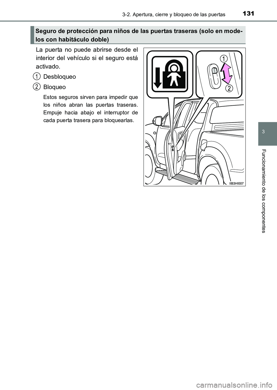 TOYOTA HILUX 2015  Manuale de Empleo (in Spanish) 1313-2. Apertura, cierre y bloqueo de las puertas
3
Funcionamiento de los componentes
HILUX_OM_OM71215S_(ES)
La puerta no puede abrirse desde el
interior del vehículo si el seguro está
activado.Desb