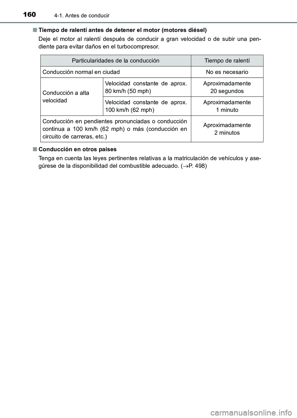 TOYOTA HILUX 2015  Manuale de Empleo (in Spanish) 1604-1. Antes de conducir
HILUX_OM_OM71215S_(ES)■
Tiempo de ralentí antes de detener el motor (motores diésel)
Deje el motor al ralentí después de conducir a gran velocidad o de subir una pen-
d