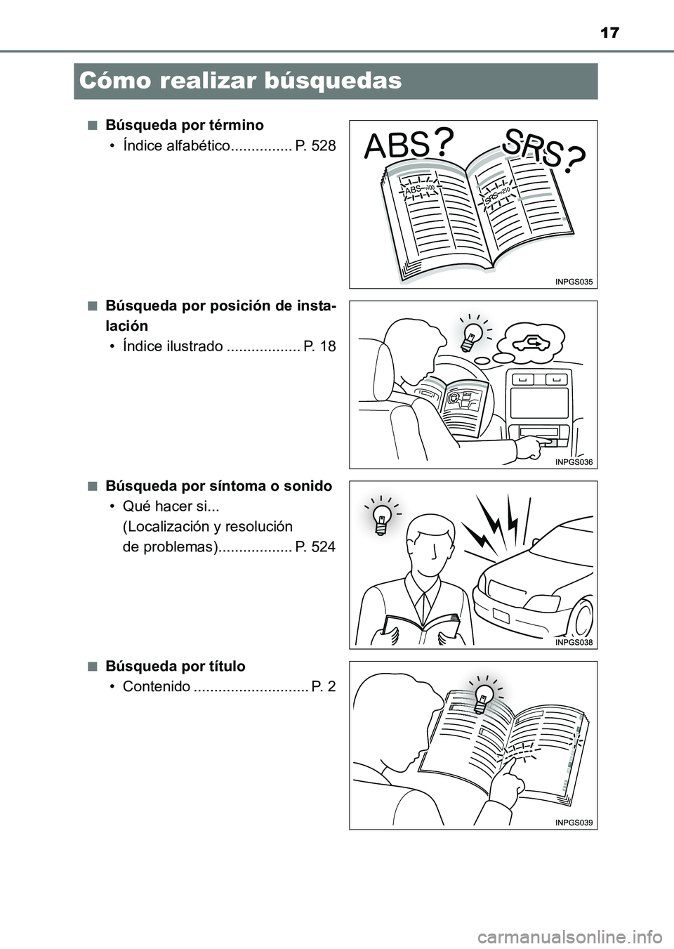 TOYOTA HILUX 2015  Manuale de Empleo (in Spanish) 17
HILUX_OM_OM71215S_(ES)
Cómo realizar búsquedas
■Búsqueda por término• Índice alfabético............... P. 528
■Búsqueda por posición de insta-
lación• Índice ilustrado ...........