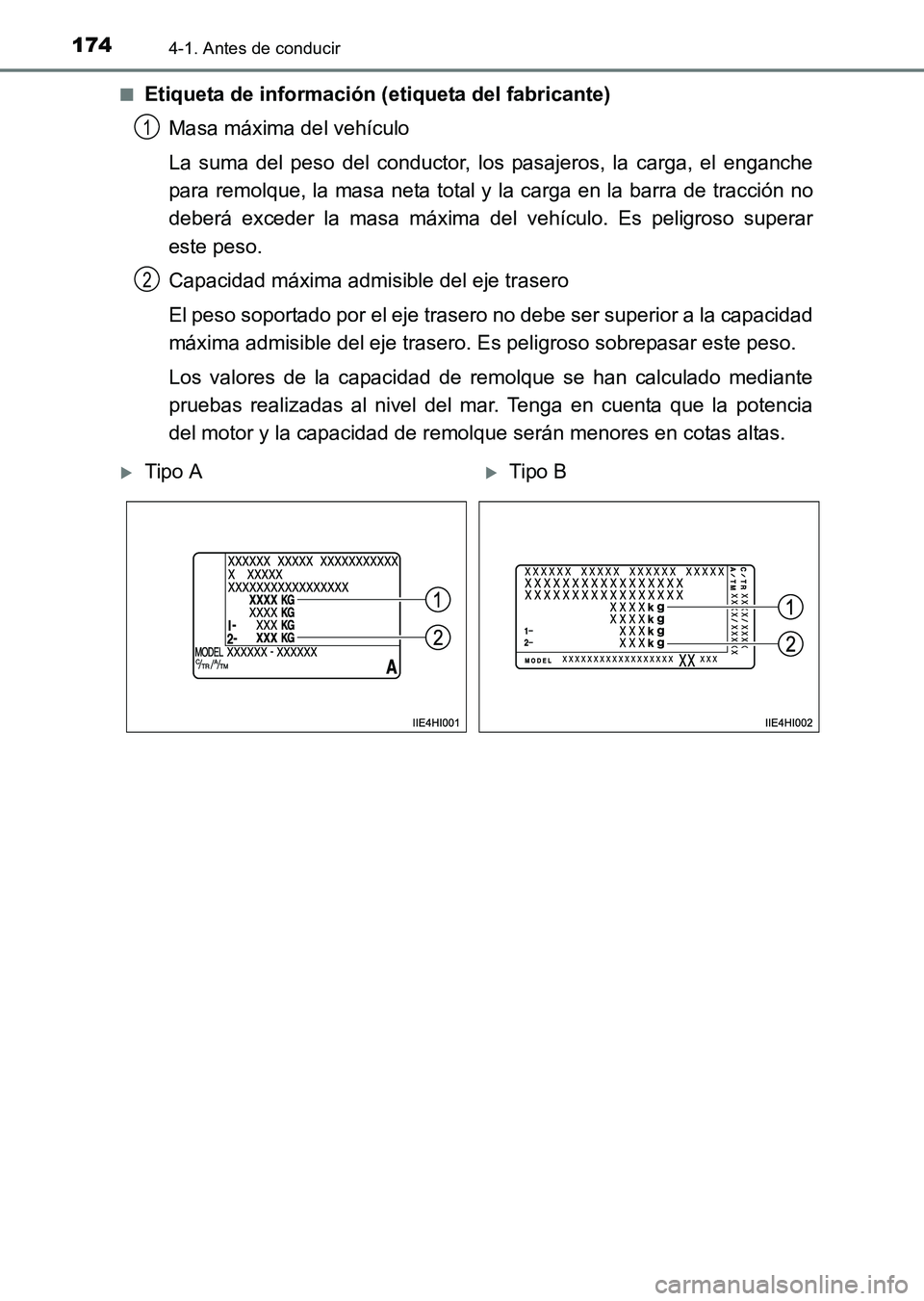 TOYOTA HILUX 2015 Manuale de Empleo (in Spanish) 1744-1. Antes de conducir
HILUX_OM_OM71215S_(ES)■
Etiqueta de información (etiqueta del fabricante)
Masa máxima del vehículo
La suma del peso del conductor, los pasajeros, la carga, el enganche
p TOYOTA HILUX 2015 Manuale de Empleo (in Spanish) 1744-1. Antes de conducir
HILUX_OM_OM71215S_(ES)■
Etiqueta de información (etiqueta del fabricante)
Masa máxima del vehículo
La suma del peso del conductor, los pasajeros, la carga, el enganche
p