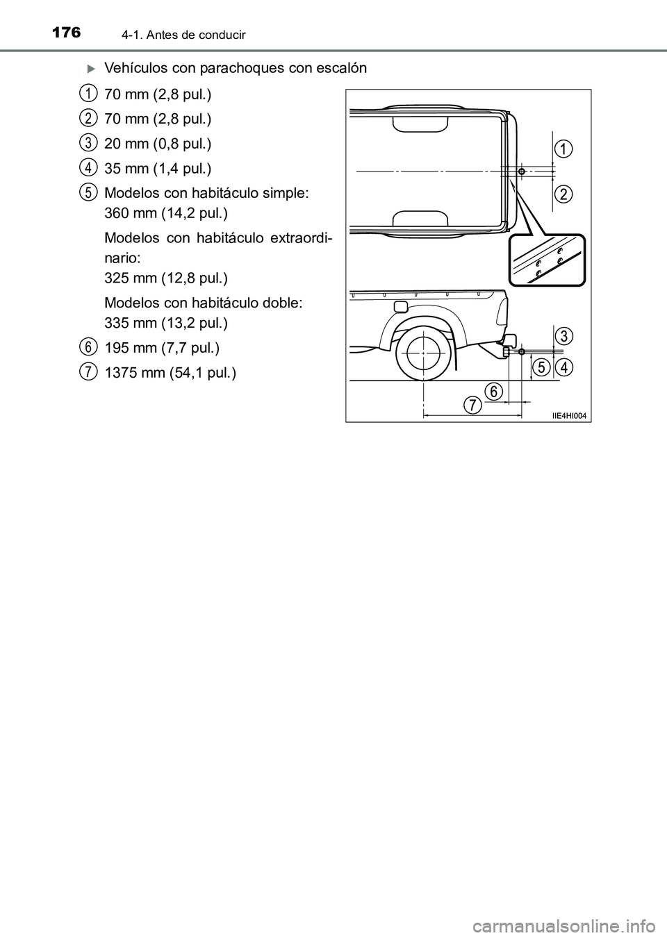 TOYOTA HILUX 2015  Manuale de Empleo (in Spanish) 1764-1. Antes de conducir
HILUX_OM_OM71215S_(ES)
�XVehículos con parachoques con escalón
70 mm (2,8 pul.)
70 mm (2,8 pul.)
20 mm (0,8 pul.)
35 mm (1,4 pul.)
Modelos con habitáculo simple: 
360 mm (