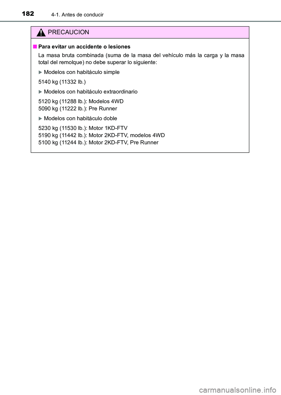 TOYOTA HILUX 2015  Manuale de Empleo (in Spanish) 1824-1. Antes de conducir
HILUX_OM_OM71215S_(ES)
PRECAUCION
■Para evitar un accidente o lesiones
La masa bruta combinada (suma de la masa del vehículo más la carga y la masa
total del remolque) no