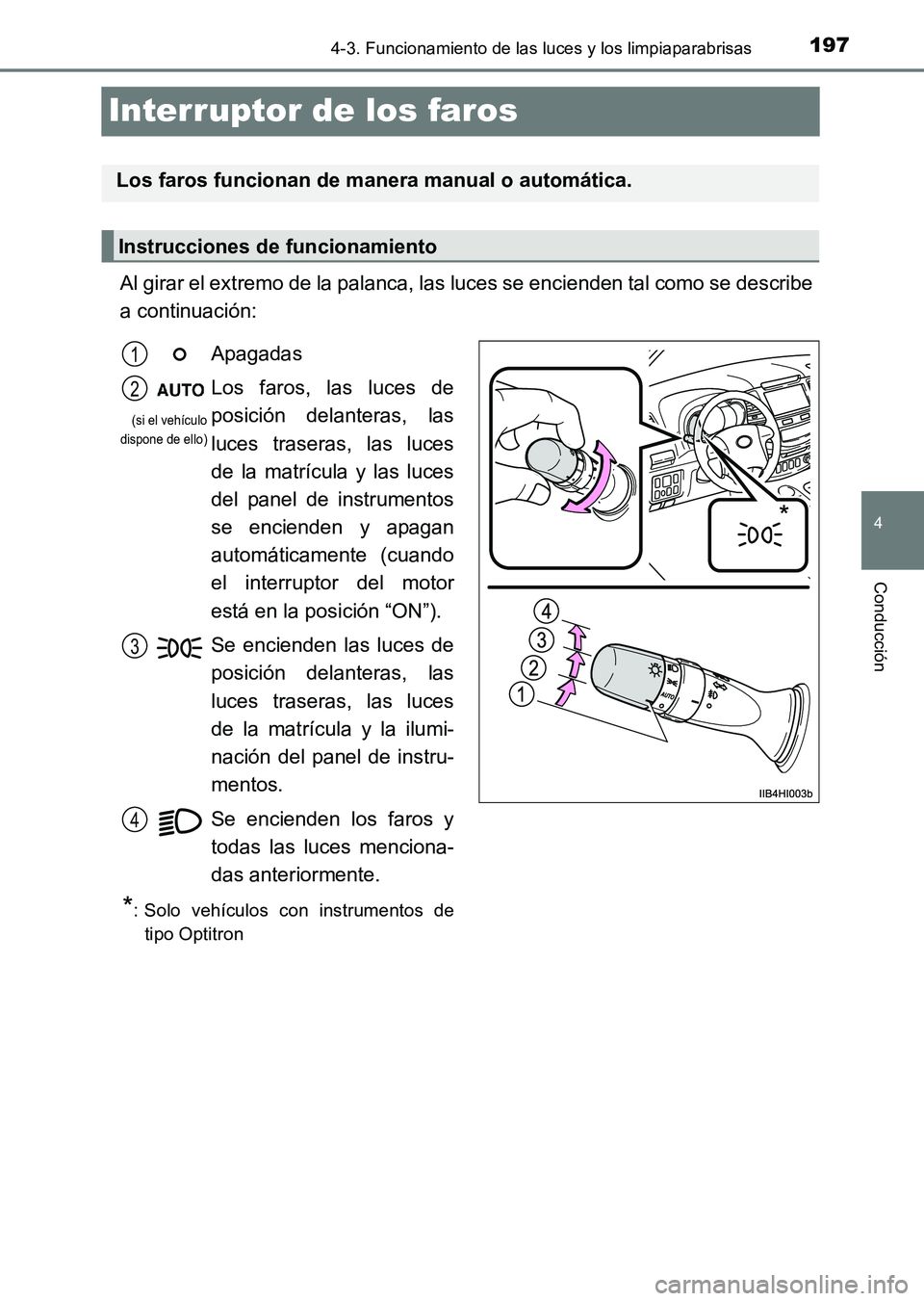 TOYOTA HILUX 2015  Manuale de Empleo (in Spanish) 197
4
4-3. Funcionamiento de las luces y los limpiaparabrisas
Conducción
HILUX_OM_OM71215S_(ES)
Interruptor de los faros
Al girar el extremo de la palanca, las luces se encienden tal como se describe