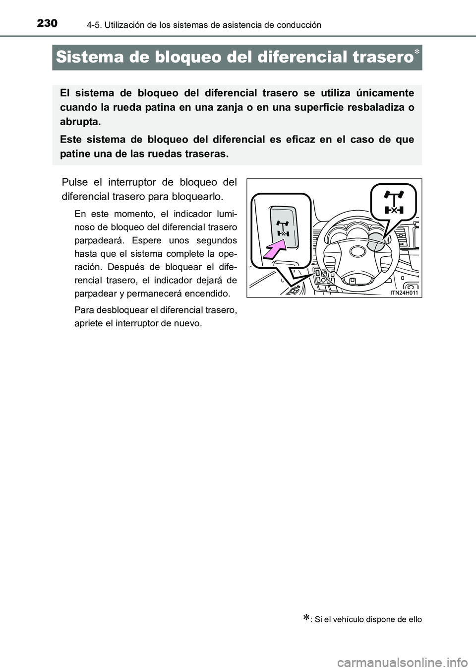 TOYOTA HILUX 2015 Manuale de Empleo (in Spanish) 2304-5. Utilización de los sistemas de asistencia de conducción
HILUX_OM_OM71215S_(ES)
Sistema de bloqueo del diferencial trasero∗
Pulse el interruptor de bloqueo del
diferencial trasero para bloq TOYOTA HILUX 2015 Manuale de Empleo (in Spanish) 2304-5. Utilización de los sistemas de asistencia de conducción
HILUX_OM_OM71215S_(ES)
Sistema de bloqueo del diferencial trasero∗
Pulse el interruptor de bloqueo del
diferencial trasero para bloq