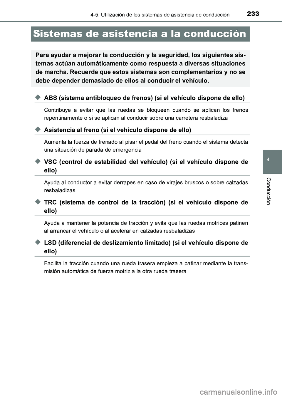 TOYOTA HILUX 2015  Manuale de Empleo (in Spanish) 233
4
4-5. Utilización de los sistemas de asistencia de conducción
Conducción
HILUX_OM_OM71215S_(ES)
Sistemas de asistencia a la conducción
◆ABS (sistema antibloqueo de frenos) (si el vehículo 