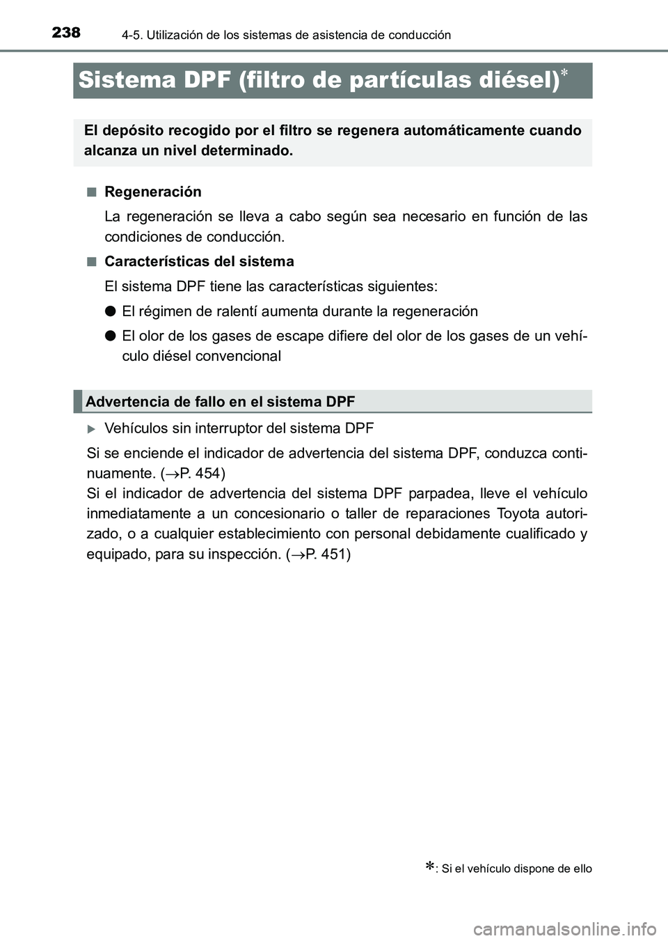 TOYOTA HILUX 2015  Manuale de Empleo (in Spanish) 2384-5. Utilización de los sistemas de asistencia de conducción
HILUX_OM_OM71215S_(ES)
Sistema DPF (filtro de par tículas diésel)∗
■Regeneración
La regeneración se lleva a cabo según sea ne