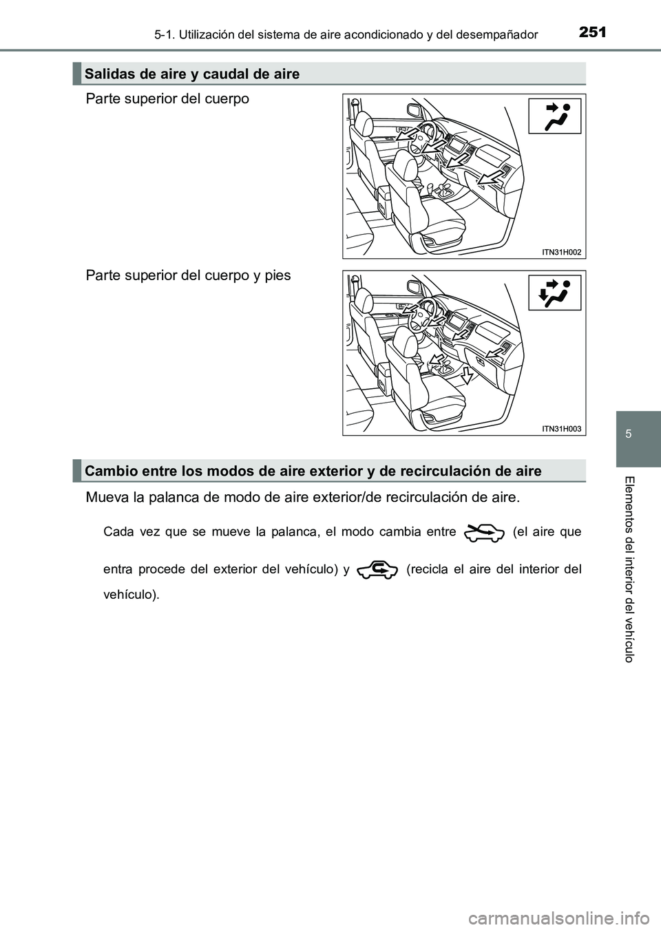 TOYOTA HILUX 2015  Manuale de Empleo (in Spanish) 2515-1. Utilización del sistema de aire acondicionado y del desempañador
5
Elementos del interior del vehículo
HILUX_OM_OM71215S_(ES)
Parte superior del cuerpo
Parte superior del cuerpo y pies
Muev