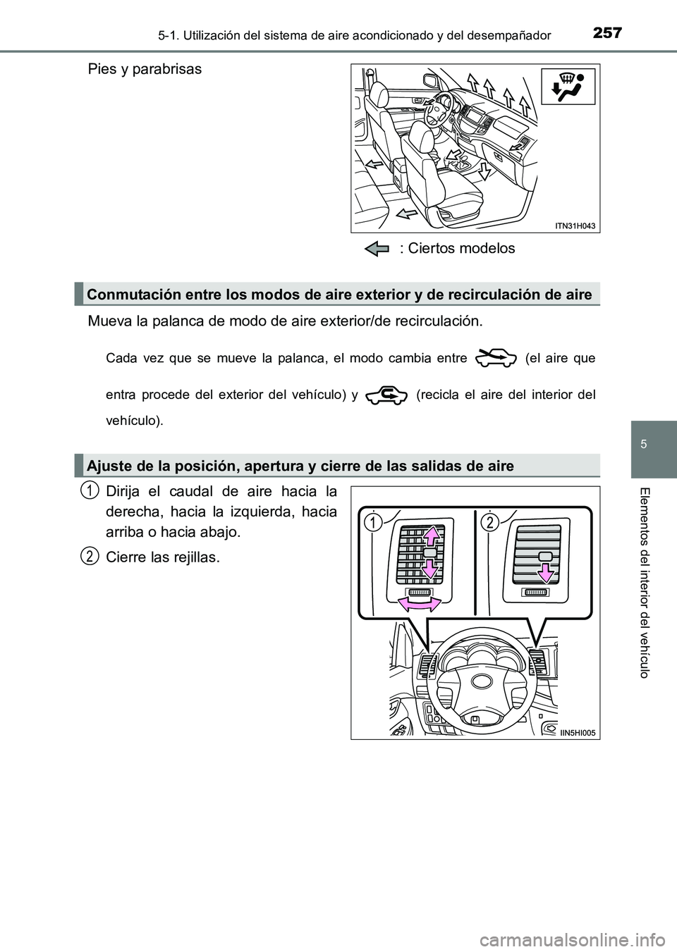 TOYOTA HILUX 2015  Manuale de Empleo (in Spanish) 2575-1. Utilización del sistema de aire acondicionado y del desempañador
5
Elementos del interior del vehículo
HILUX_OM_OM71215S_(ES)
Pies y parabrisas: Ciertos modelos
Mueva la palanca de modo de 