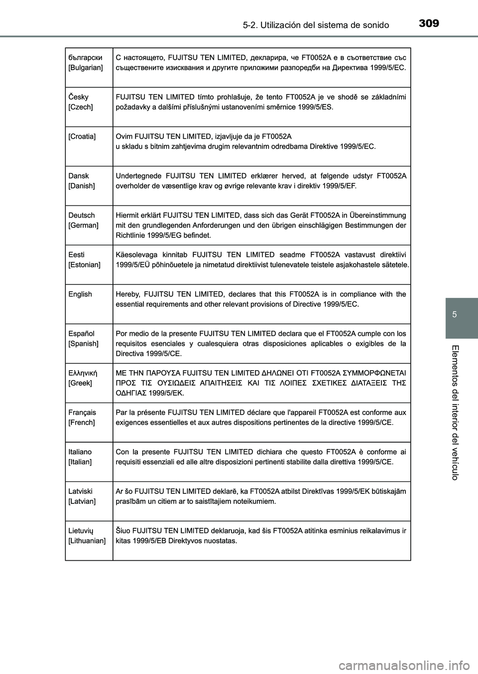 TOYOTA HILUX 2015 Manuale de Empleo (in Spanish) 3095-2. Utilización del sistema de sonido
5
Elementos del interior del vehículo
HILUX_OM_OM71215S_(ES)
HILUX_OM_OM71215S_(ES).book Page 309 Friday, May 9, 2014 8:37 PM TOYOTA HILUX 2015 Manuale de Empleo (in Spanish) 3095-2. Utilización del sistema de sonido
5
Elementos del interior del vehículo
HILUX_OM_OM71215S_(ES)
HILUX_OM_OM71215S_(ES).book Page 309 Friday, May 9, 2014 8:37 PM
