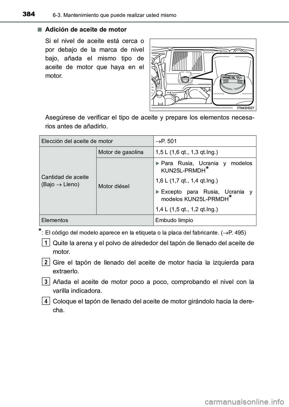 TOYOTA HILUX 2015  Manuale de Empleo (in Spanish) 3846-3. Mantenimiento que puede realizar usted mismo
HILUX_OM_OM71215S_(ES)■
Adición de aceite de motor
Si el nivel de aceite está cerca o
por debajo de la marca de nivel
bajo, añada el mismo tip