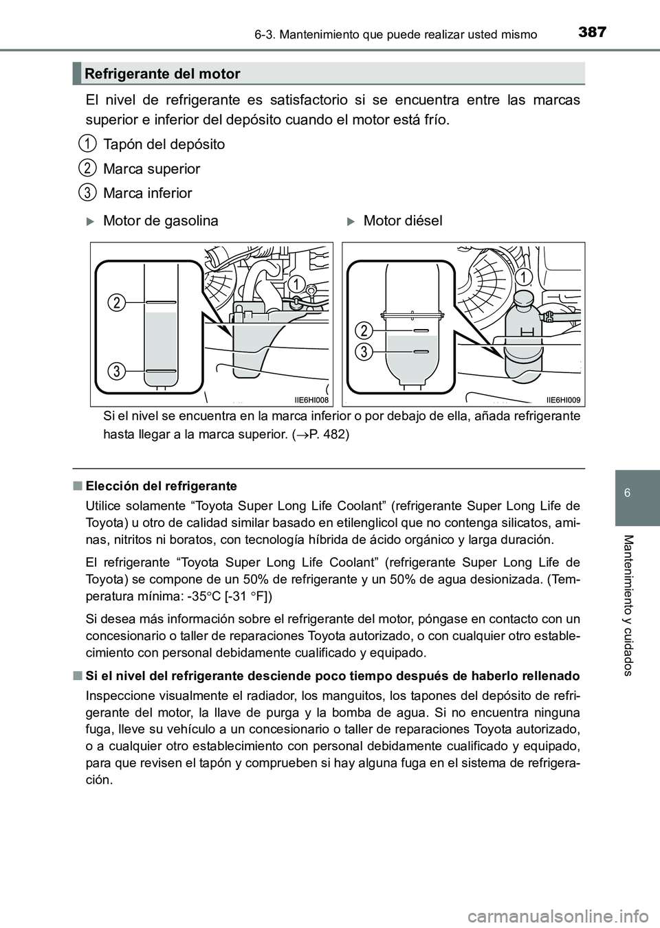 TOYOTA HILUX 2015  Manuale de Empleo (in Spanish) 3876-3. Mantenimiento que puede realizar usted mismo
6
Mantenimiento y cuidados
HILUX_OM_OM71215S_(ES)
El nivel de refrigerante es satisfactorio si se encuentra entre las marcas
superior e inferior de