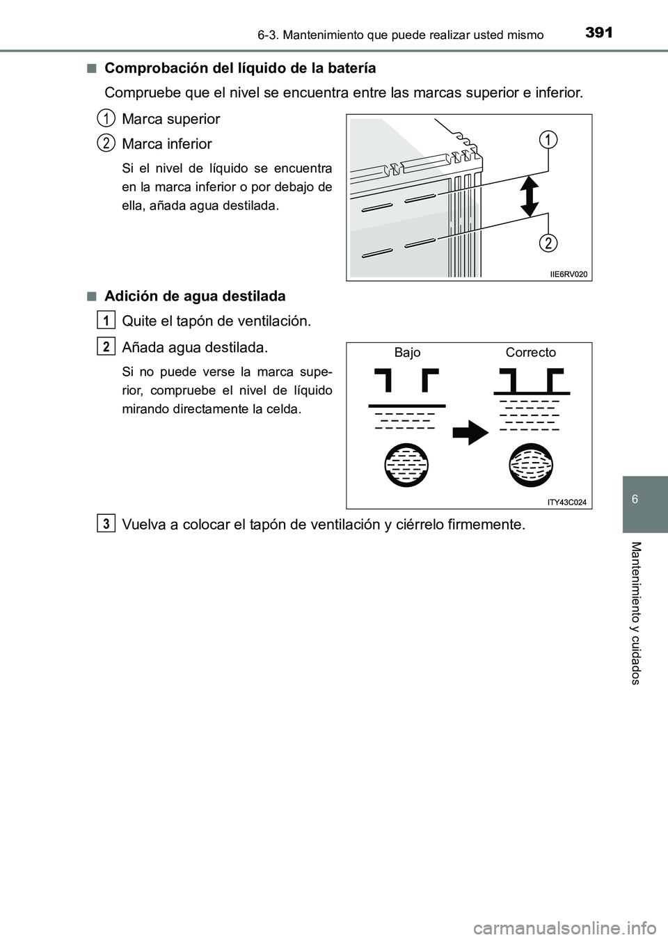 TOYOTA HILUX 2015 Manuale de Empleo (in Spanish) 3916-3. Mantenimiento que puede realizar usted mismo
6
Mantenimiento y cuidados
HILUX_OM_OM71215S_(ES)■
Comprobación del líquido de la batería
Compruebe que el nivel se encuentra entre las marcas TOYOTA HILUX 2015 Manuale de Empleo (in Spanish) 3916-3. Mantenimiento que puede realizar usted mismo
6
Mantenimiento y cuidados
HILUX_OM_OM71215S_(ES)■
Comprobación del líquido de la batería
Compruebe que el nivel se encuentra entre las marcas