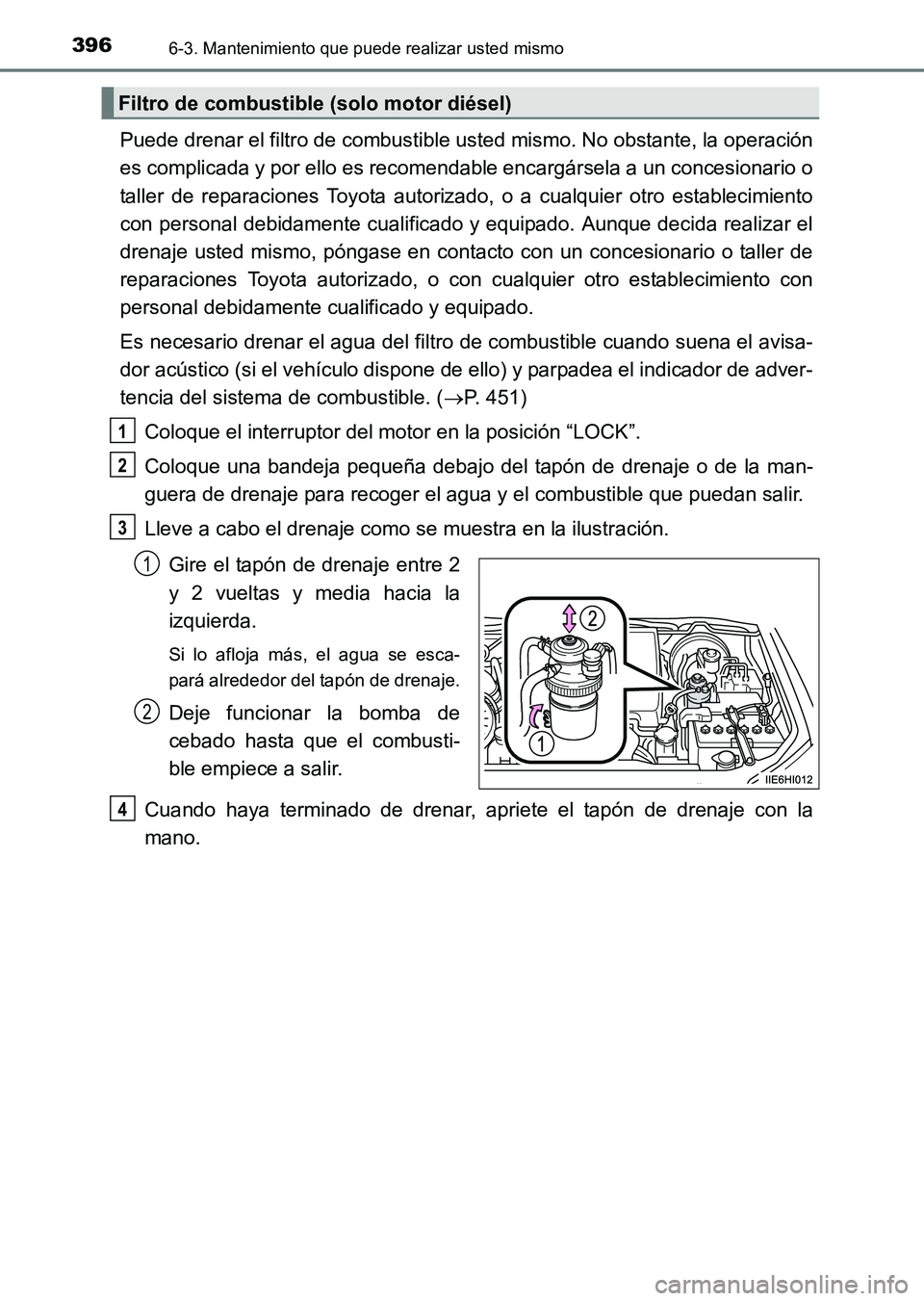 TOYOTA HILUX 2015  Manuale de Empleo (in Spanish) 3966-3. Mantenimiento que puede realizar usted mismo
HILUX_OM_OM71215S_(ES)
Puede drenar el filtro de combustible usted mismo. No obstante, la operación
es complicada y por ello es recomendable encar