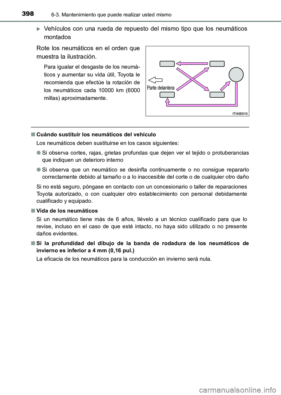 TOYOTA HILUX 2015  Manuale de Empleo (in Spanish) 3986-3. Mantenimiento que puede realizar usted mismo
HILUX_OM_OM71215S_(ES)
�XVehículos con una rueda de repuesto del mismo tipo que los neumáticos
montados
Rote los neumáticos en el orden que
mues