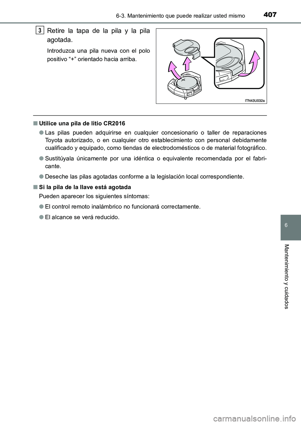 TOYOTA HILUX 2015 Manuale de Empleo (in Spanish) 4076-3. Mantenimiento que puede realizar usted mismo
6
Mantenimiento y cuidados
HILUX_OM_OM71215S_(ES)
Retire la tapa de la pila y la pila
agotada.
Introduzca una pila nueva con el polo
positivo “+ TOYOTA HILUX 2015 Manuale de Empleo (in Spanish) 4076-3. Mantenimiento que puede realizar usted mismo
6
Mantenimiento y cuidados
HILUX_OM_OM71215S_(ES)
Retire la tapa de la pila y la pila
agotada.
Introduzca una pila nueva con el polo
positivo “+