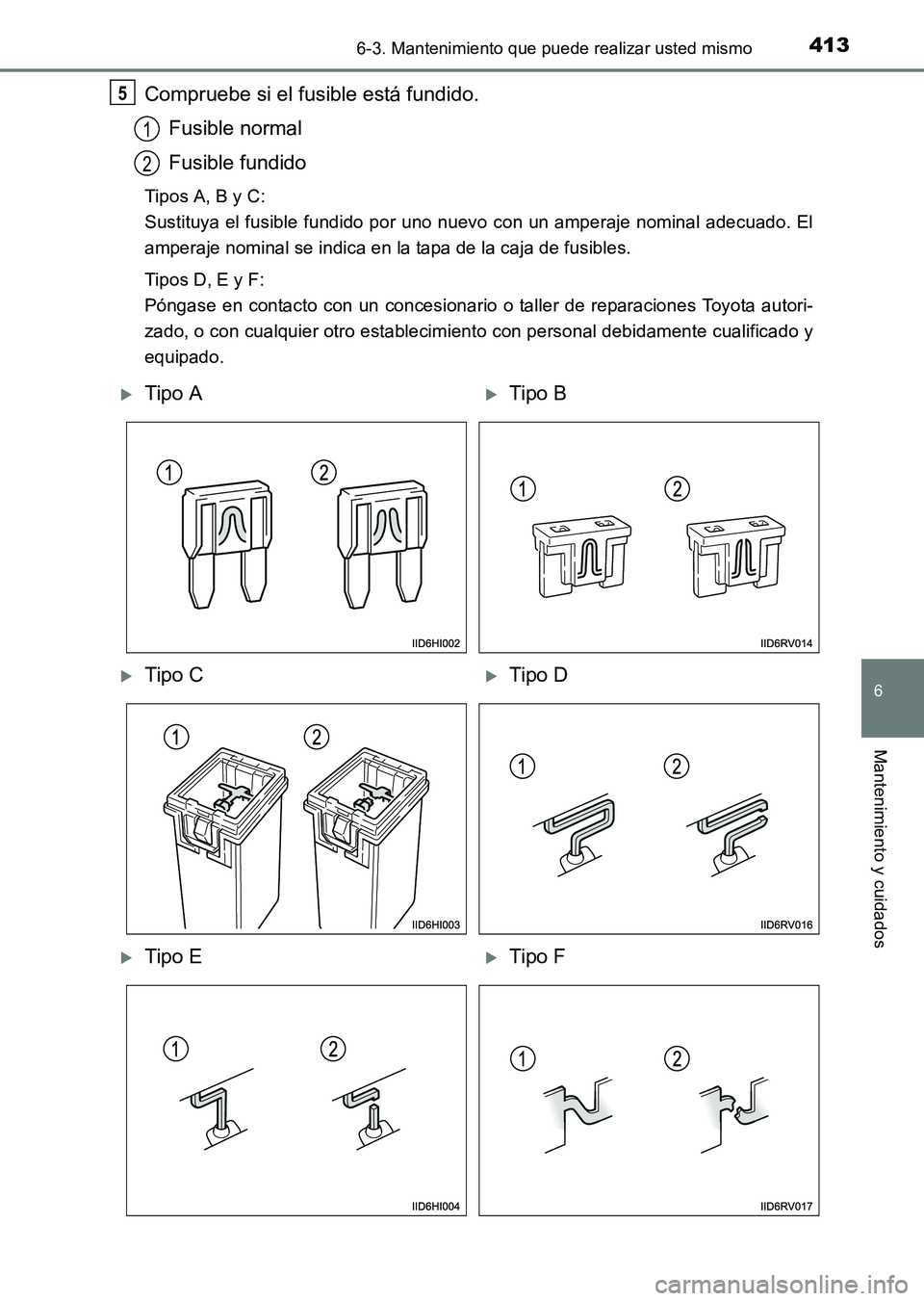TOYOTA HILUX 2015  Manuale de Empleo (in Spanish) 4136-3. Mantenimiento que puede realizar usted mismo
6
Mantenimiento y cuidados
HILUX_OM_OM71215S_(ES)
Compruebe si el fusible está fundido.Fusible normal
Fusible fundido
Tipos A, B y C: 
Sustituya e