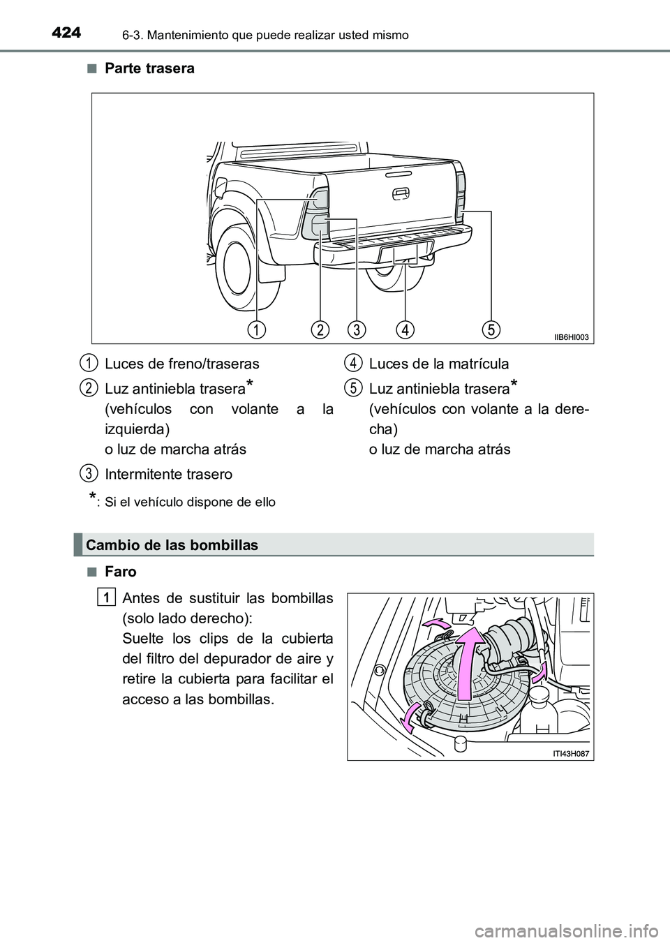 TOYOTA HILUX 2015  Manuale de Empleo (in Spanish) 4246-3. Mantenimiento que puede realizar usted mismo
HILUX_OM_OM71215S_(ES)■
Parte trasera
*: Si el vehículo dispone de ello
■
Faro Antes de sustituir las bombillas
(solo lado derecho):
Suelte lo