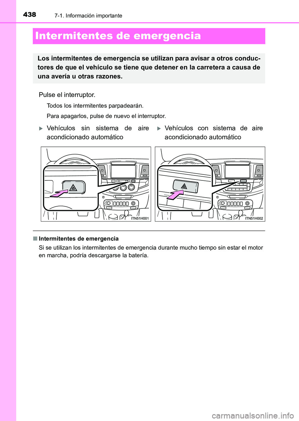 TOYOTA HILUX 2015 Manuale de Empleo (in Spanish) 4387-1. Información importante
HILUX_OM_OM71215S_(ES)
Intermitentes de emergencia
Pulse el interruptor.
Todos los intermitentes parpadearán.
Para apagarlos, pulse de nuevo el interruptor.
■Intermi TOYOTA HILUX 2015 Manuale de Empleo (in Spanish) 4387-1. Información importante
HILUX_OM_OM71215S_(ES)
Intermitentes de emergencia
Pulse el interruptor.
Todos los intermitentes parpadearán.
Para apagarlos, pulse de nuevo el interruptor.
■Intermi