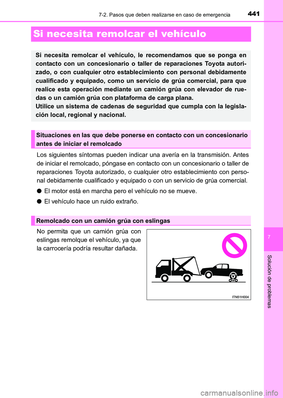 TOYOTA HILUX 2015  Manuale de Empleo (in Spanish) 441
7
7-2. Pasos que deben realizarse en caso de emergencia
Solución de problemas
HILUX_OM_OM71215S_(ES)
Si necesita remolcar el vehículo
Los siguientes síntomas pueden indicar una avería en la tr